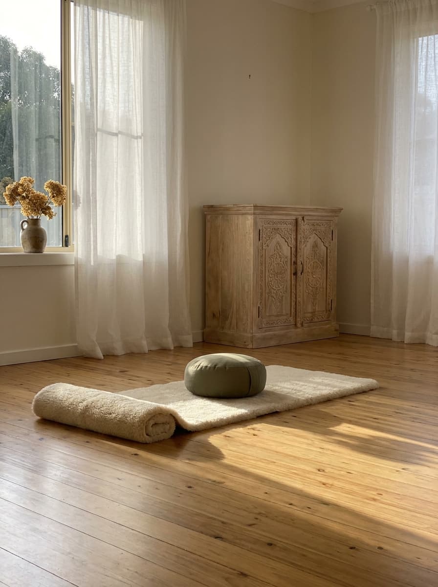 Der Meditationsraum des Kundalini Yoga Ateliers mit warmem Licht
