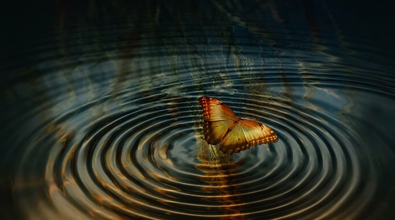 Ein Schmetterling ruht im Zentrum konzentrischer Wasserringe