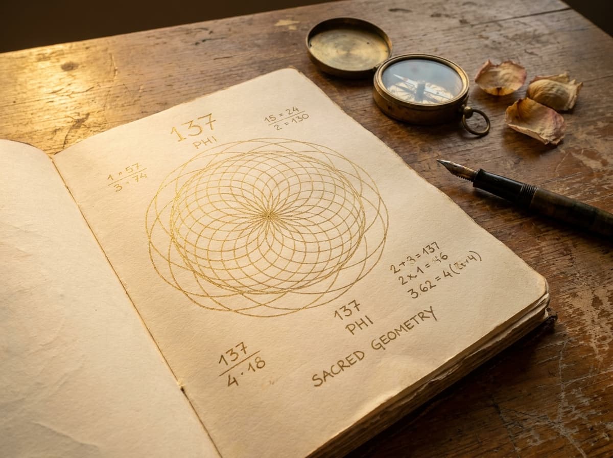Handgeschriebene Numerologie und sakrale Geometrie in Gold