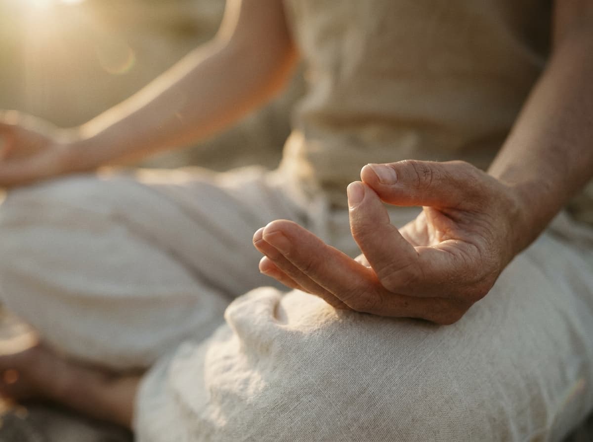 Hände in Gyan Mudra während der Kundalini-Yoga-Meditation